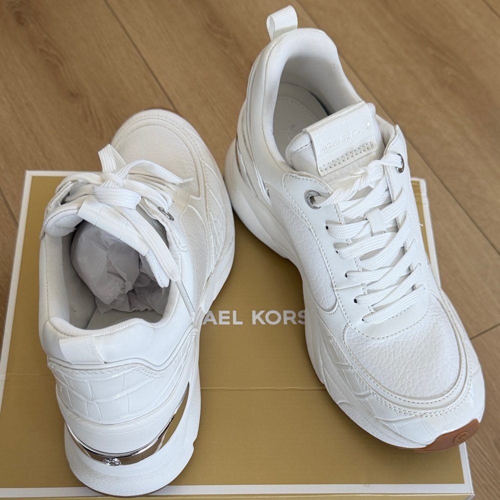 Michael Kors White Chunky Platform Sneakers with Metallic Heel Accent - Picture 2 of 6